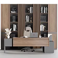 Modern Office Workspace With Wooden Desk Laptop Leather Chair Bookshelf And File Folders