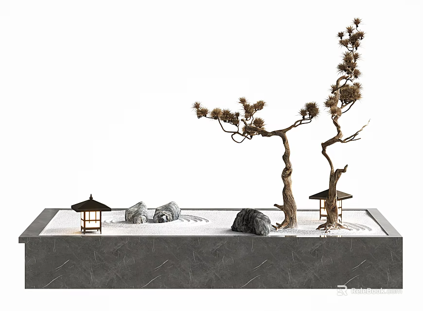 Decorative Zen Miniature Garden With Gray Rectangular Base White Sand Stones Styled Tree And Lanterns 3d model
