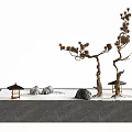 Decorative Zen Miniature Garden With Gray Rectangular Base White Sand Stones Styled Tree And Lanterns 3d model