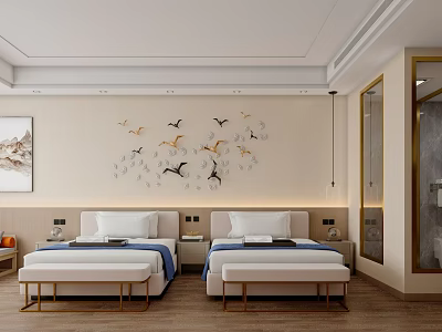 Hotel Guest Room Featuring Twin Beds Bird Wall Decor Bedside Tables And Wooden Flooring 3d model