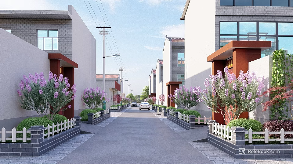 Commercial Street With White Buildings Red Porches Purple Flowering Trees White Fences Green Shrubs Cars 3d model 