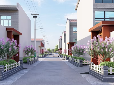 Commercial Street With White Buildings Red Porches Purple Flowering Trees White Fences Green Shrubs Cars 3d model