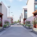 Commercial Street With White Buildings Red Porches Purple Flowering Trees White Fences Green Shrubs Cars