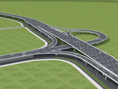 Multi Level Interchange Bridge With Multiple Traffic Lanes And Green Grass Areas 3d model