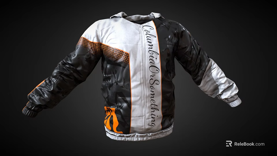 Black White Orange Jacket With Championed Something Text Design And Striped Pattern 3d model