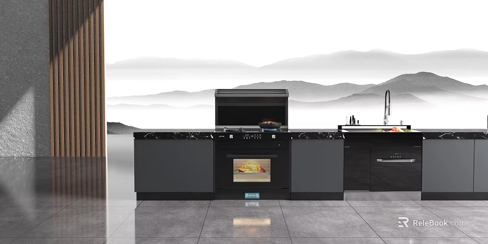 Elegant Modern Kitchen Interior With Dark Countertop Cooktop Oven And Cabinets 3d model 