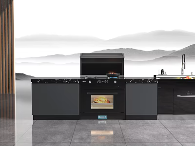 Elegant Modern Kitchen Interior With Dark Countertop Cooktop Oven And Cabinets 3d model