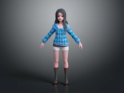 Woman With Long Black Hair Dressed In Blue Argyle Sweater And White Shorts 3d model