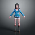 Woman With Long Black Hair Dressed In Blue Argyle Sweater And White Shorts