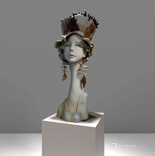 Elegant Female Bust Sculpture With Intricate Floral Headpiece And Ornate Earrings On White Cube Base 3d model 