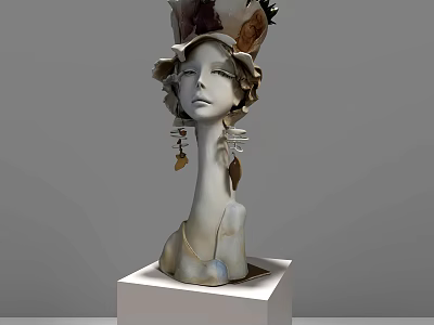 Elegant Female Bust Sculpture With Intricate Floral Headpiece And Ornate Earrings On White Cube Base 3d model