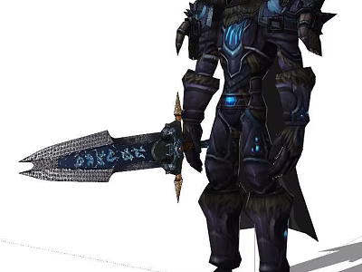 Game Fantasy Character in Black Armor With Blue Glowing Details Wielding Large Decorated Sword 3d model