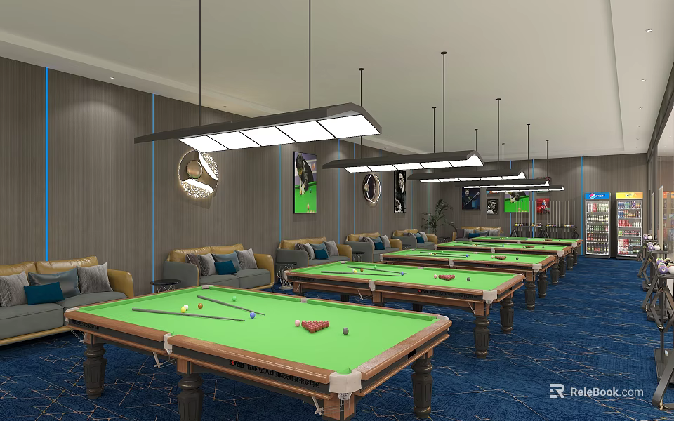 Billiard Room Interior With Green Tables Sofas And Modern Lighting Fixtures 3d model 