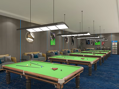 Billiard Room Interior With Green Tables Sofas And Modern Lighting Fixtures 3d model