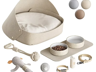 Complete Pet Supplies Set With Bed Bowls Toys Collars And Balls 3d model