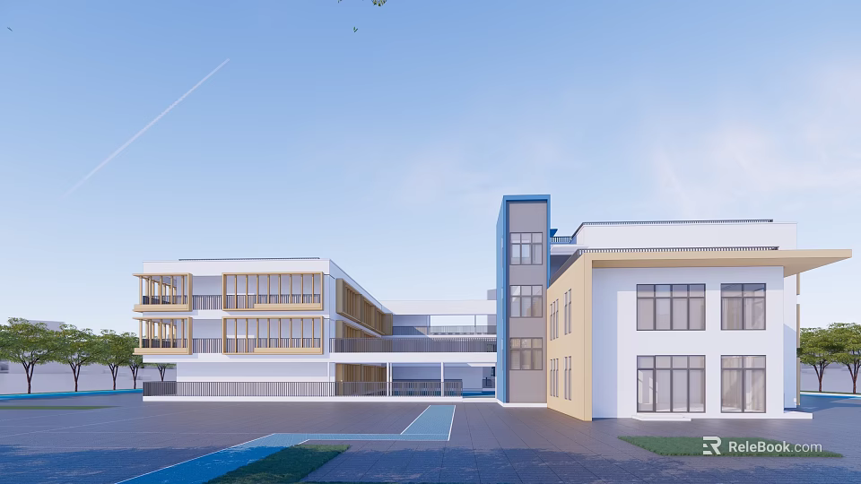 Modern School Buildings With White And Yellow Exteriors Large Windows And Front Courtyard 3d model 