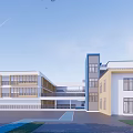 Modern School Buildings With White And Yellow Exteriors Large Windows And Front Courtyard