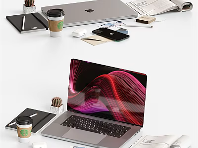 Modern Laptop Workspace With Coffee Cup Smartphone Notebook Open Magazine And Cactus 3d model