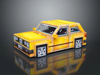 Yellow Pixel Art Car 3D Rendering With Retro Style And Reflective Surface 3d model