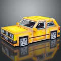 Yellow Pixel Art Car 3D Rendering With Retro Style And Reflective Surface