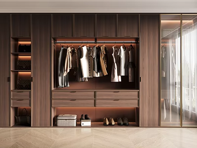 Modern Wooden Wardrobe Interior Design with Hanging Clothes Drawers and Glass Doors 3d model