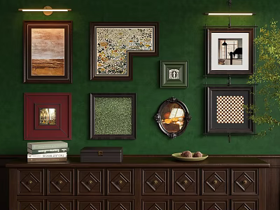 Green Wall With Multiple Frames And Dark Wooden Cabinet With Books Box Fruits And Plant 3d model