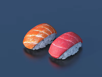 Fresh Salmon And Tuna Sushi Pieces With White Rice On Dark Background 3d model