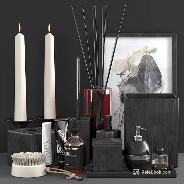 Stylish Modern Bathroom Accessories With Candles Diffusers Soap Dispensers And Brushes 3d model 