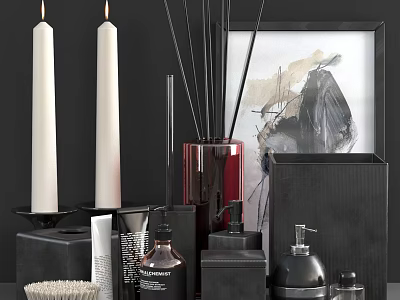 Stylish Modern Bathroom Accessories With Candles Diffusers Soap Dispensers And Brushes 3d model
