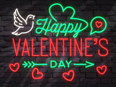 Neon Valentine's Day Decorative Lights With Hearts Dove Arrows On Brick Wall 3d model