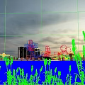 Serene Sunset Lakeside Urban Landscape With Calm Water Swaying Reeds And Distant City Buildings