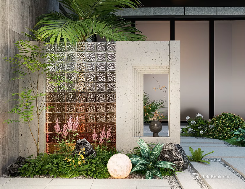 Modern Perforated Feature Wall With Green Plants Stones And Round Light Fixture 3d model 