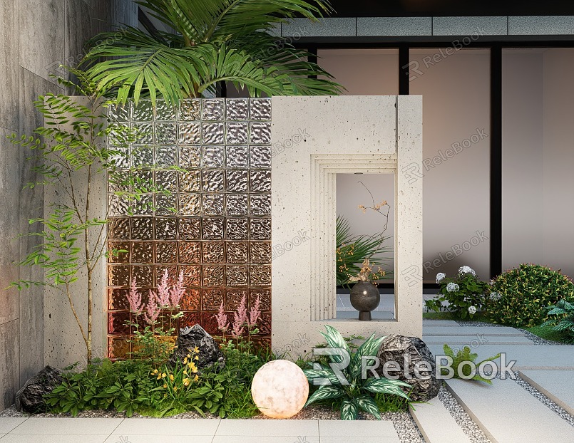 Courtyard view wall background glass view wall landscape enclosing wall screen partition model