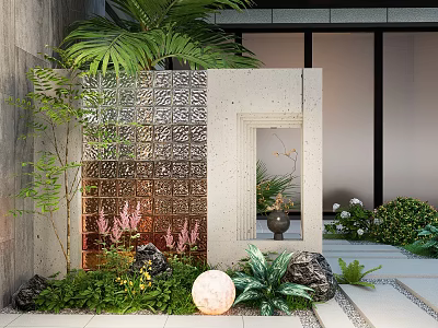 Modern Perforated Feature Wall With Green Plants Stones And Round Light Fixture 3d model