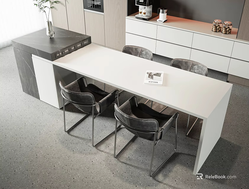 Modern White Dining Table With Black Chairs And Magazine In Minimalist Interior Design 3d model 