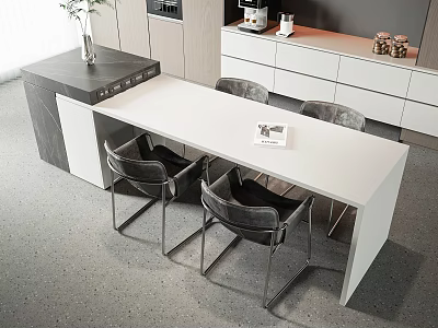 Modern White Dining Table With Black Chairs And Magazine In Minimalist Interior Design 3d model