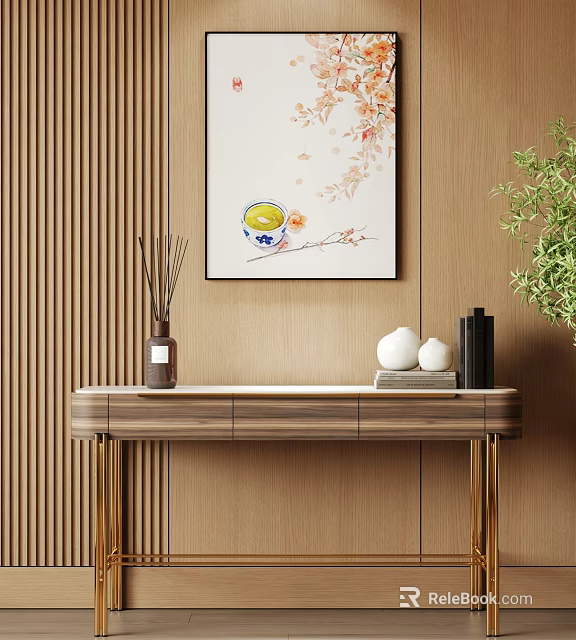 Wooden Console Table With Gold Legs Decorative Painting Aromatherapy Bottle White Ornaments And Green Plant 3d model 