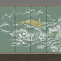 Green Decorative Wall With Landscape Design Golden Pagoda Houses And Flying Birds