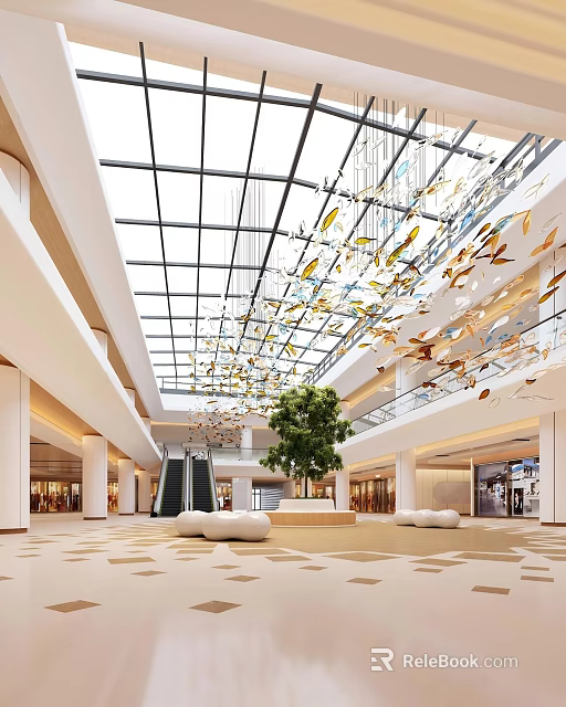 Spacious Bright Modern Shopping Mall Hall With Glass Skylight Escalators And Elegant Hanging Art Decorations 3d model 