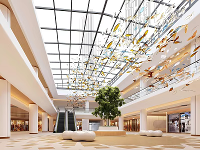 Spacious Bright Modern Shopping Mall Hall With Glass Skylight Escalators And Elegant Hanging Art Decorations 3d model