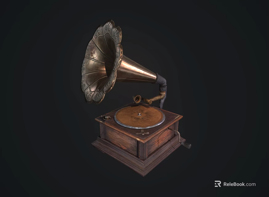 Vintage Gramophone Audio Device With Brass Horn And Wooden Base 3d model 