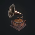 Vintage Gramophone Audio Device With Brass Horn And Wooden Base