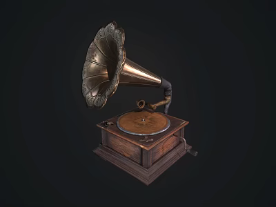 Vintage Gramophone Audio Device With Brass Horn And Wooden Base 3d model