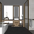 Modern Bathroom Interior Design With Freestanding Bathtub Pendant Light Vanity Mirror And Glass Shower
