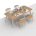 Simple Wooden Dining Table Set With Four Chairs And Tableware Vase 3d model