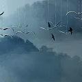 Ethereal Bird Shaped Chandeliers Hanging Over Ink Painting Mountain And Light Blue Gray Sky