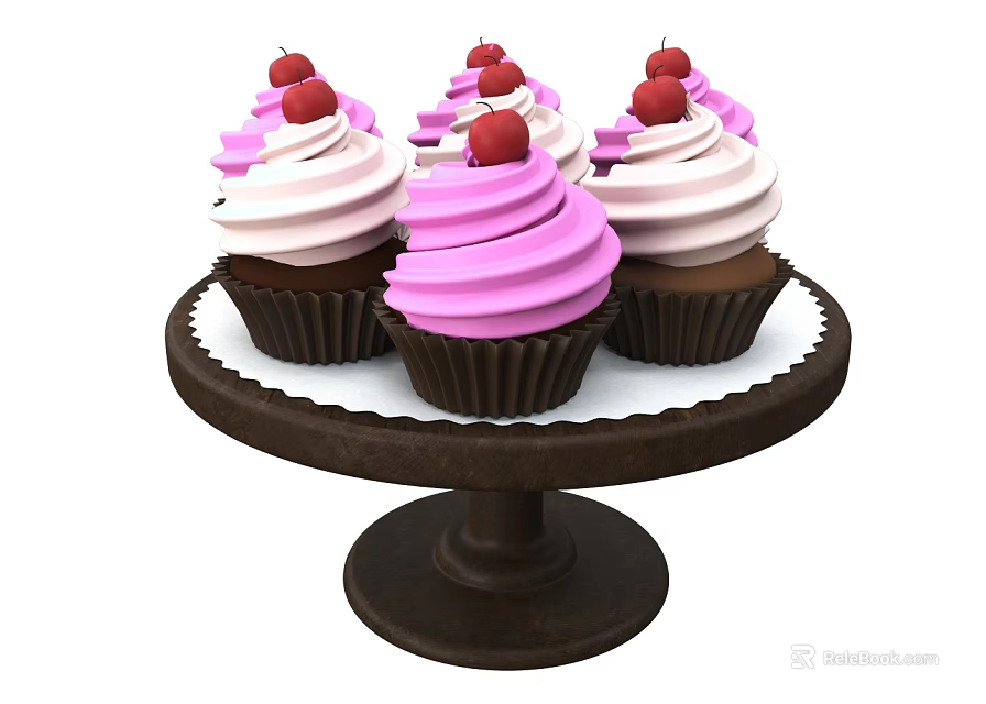 Freshly Baked Cupcakes With Pink And White Frosting Red Cherry Toppings On Brown Pedestal Tray 3d model 