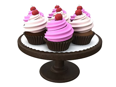 Freshly Baked Cupcakes With Pink And White Frosting Red Cherry Toppings On Brown Pedestal Tray 3d model