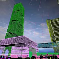 Modern High Rise Office Building Featuring Glass Curtain Wall Connecting Bridge Plaza Pedestrians And Greenery