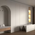 Modern Interior With White Wardrobe Arched Doorway Wooden Floor Bed Lit Niche And Beige Curtains